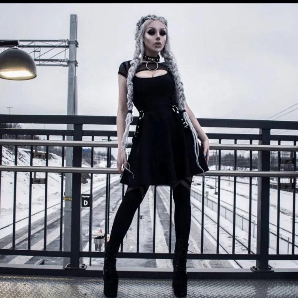 Goth buckle black mini dress